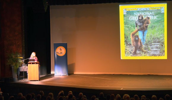Primatologist Birutė Galdikas with a 1971 National Geographic cover where she was featured in a story about her work with orangutans in Borneo. Galdikas gave a community talk at the Kelowna Community Theatre Monday night as part of UBC’s Distinguished Speaker Series.