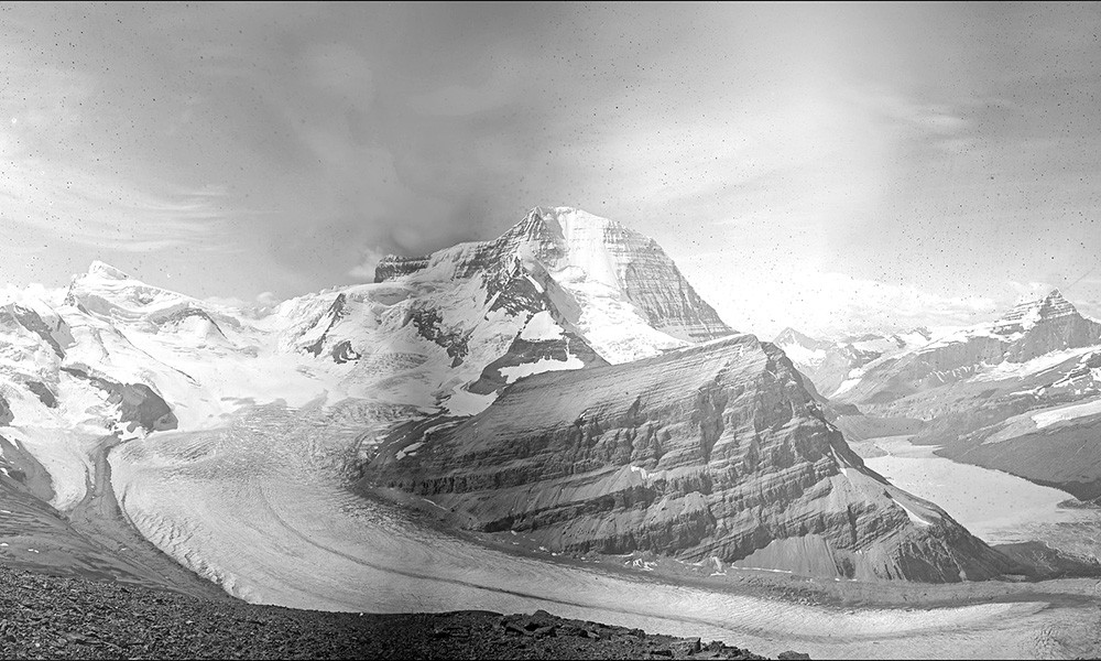 A black and white photo of the glacier at Mount Robson in 1911